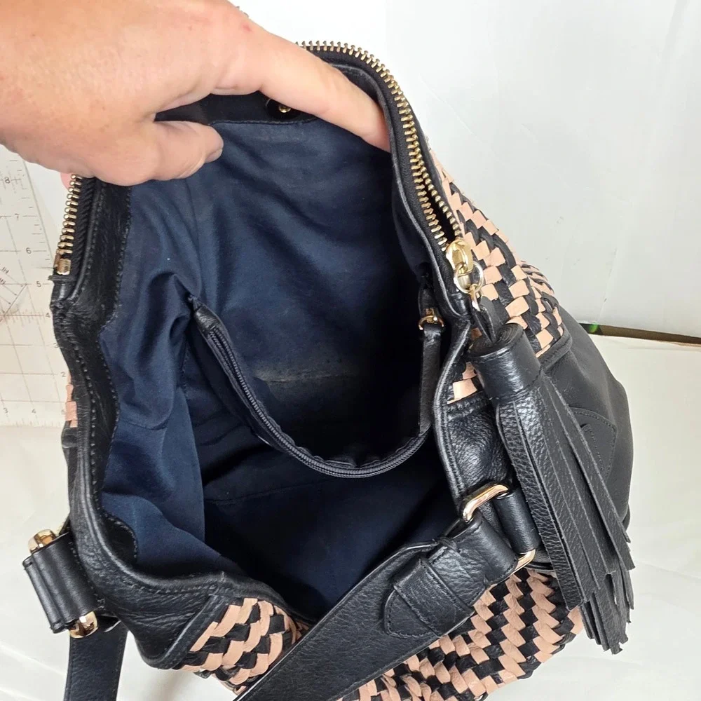 Cole Haan Black cream skylar Woven Leather hobo bag Hobo diamond‎ Tassel